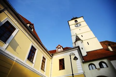 Clock tower in sibiu Stock Photos