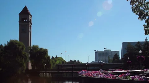 Clock Tower on Spokane River Stock Footage 1073822
