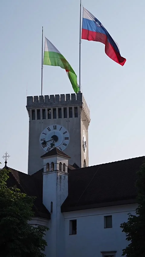 Clock tower stands tall with Roman numeral clock face Stock Footage 345538876