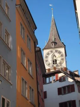 The clock tower of St.peter, Zurich Stock Photos