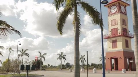 Clock Tower Surrounded by Palm Trees Stock Footage 102128759