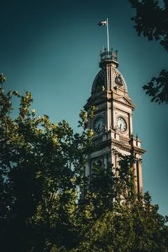 Clock Tower Surrounded by Trees Against Blue Sky Stock Photos