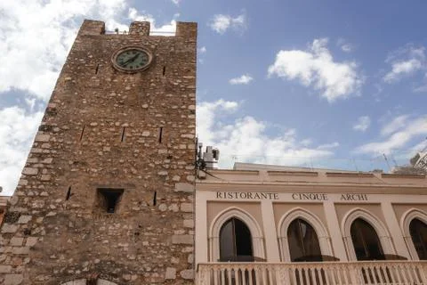The clock tower in Taormina Stock Photos
