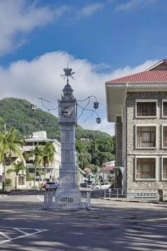Clock tower in town centre Stock Photos