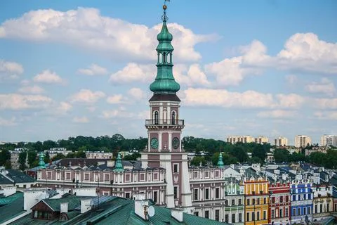Clock tower of town hall over roofs Stock Photos