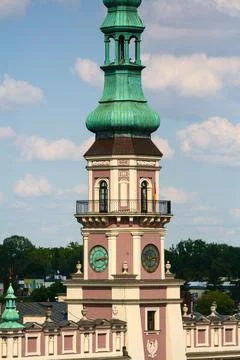 Clock tower of town hall over roofs Stock Photos