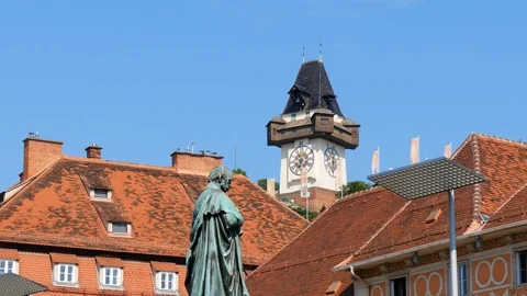 The clock tower (Uhrturm), as seen from town hall, Graz, Austria Stock Footage 119602783