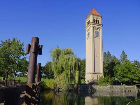 Clock tower under a blue sky. Stock Photos