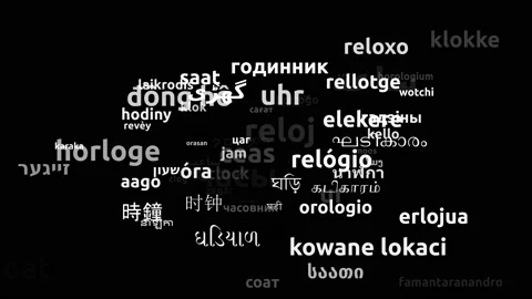 Clock Translated in 76 Worldwide Languages Endless Looping 3d Zooming Wordclo Video stock 145204935