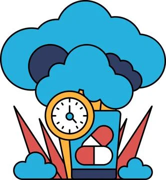 A clock is on a tree stump with a cloud in the background Stock Illustration