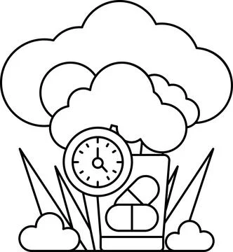 A clock is on a tree stump with a cloud in the background Stock Illustration