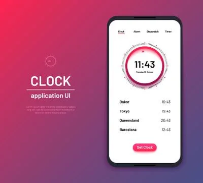Clock ui. Time countdown interface kit. Modern clock screen phone application Stock Illustration