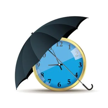 The clock is under the umbrella, Isolated over white background. Stock Illustration
