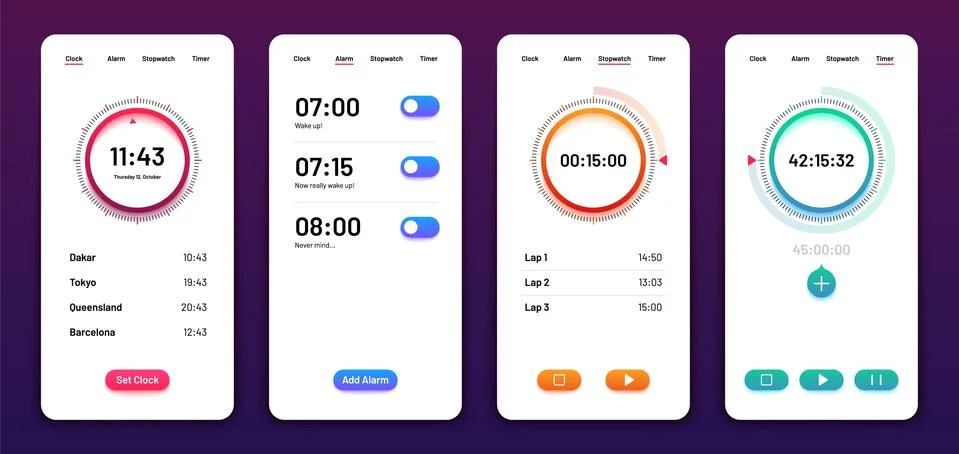 Clock user interface. Alarm stopwatch timer ui mobile phone. Time app vector Stockillustratie