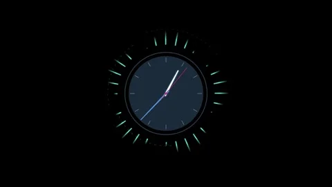 Clock for Video Editing. Modern analog clock with glowing teal markers on black Stock Footage 342587312
