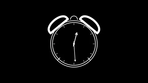 Clock for Video Editing. White line art alarm clock icon on black background Stock Footage 342587322