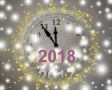 The clock on the wall is white. Five minutes left until the new year. Stock Photos