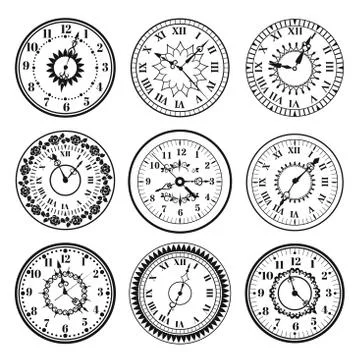 Clock watch alarms black vector icons illustration Stock Illustration
