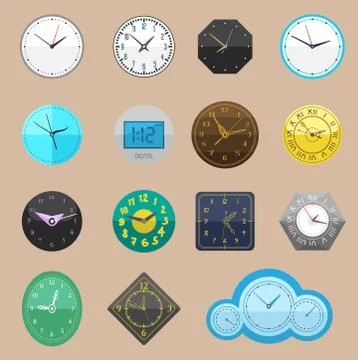 Clock watch different clockwork and clockface or wristwatches clocked in time Stock Illustration