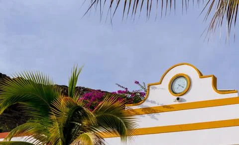 Clock on a white wall by a palm tree Foto stock