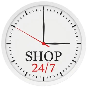 Clock without numbers marked shop is open 24 hours a week Illustrazione stock
