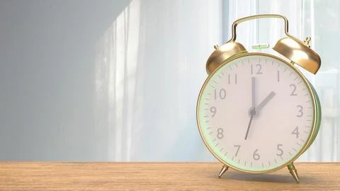 The clock on wood table in room image 3d rendering. Illustrazione stock