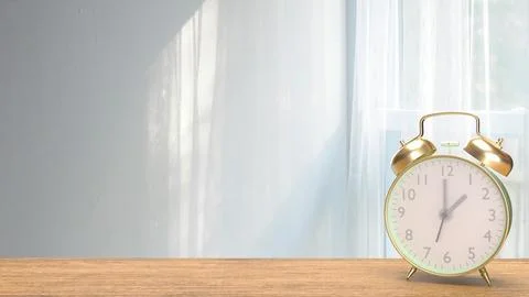 The clock on wood table in room image 3d rendering. 写真素材