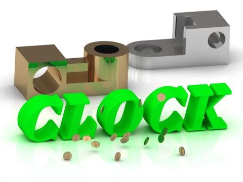 CLOCK - words of color letters and silver details and bronze details on white Stock Illustration
