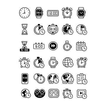 Clocks and Global Time Zone Line Icon Set 스톡 일러스트