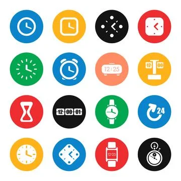 Clocks and time vector icon set. Time conceptual signs collection. Stock Illustration