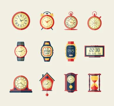 Clocks and Watches - modern vector flat design icons set. Stock Illustration
