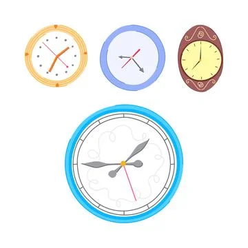 Clocks with diverse designs displaying different times Stock Illustration