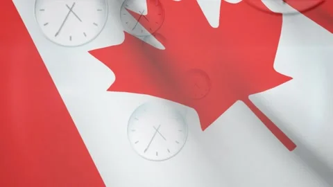 Clocks fading into view around red maple leaf, floating left as flag rippling Stock Footage 317465748