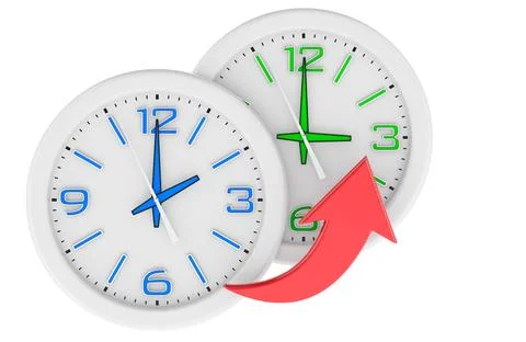 Clocks with forward arrow daylight saving time change. 3D rendering Illustration