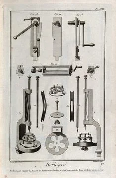 Clocks: jigs for spring-coiling (top), and cog-placing (below). Engraving b.. Stock Illustration