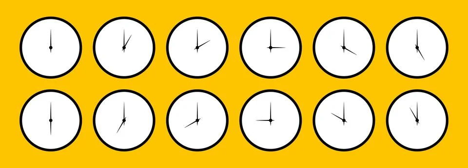 Clocks round faces set. Stopwatch template with different time. Time simple Stock Illustration