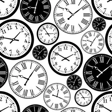 Clock`s seamless pattern. Black and white texture of time. Stock Illustration
