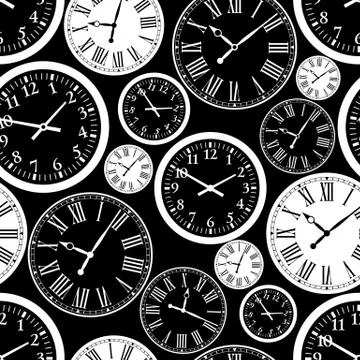 Clock`s seamless pattern. Black and white texture of time. Stock Illustration