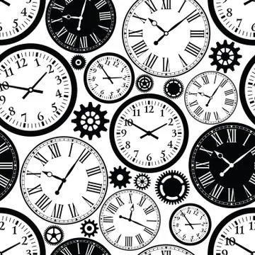 Clock`s seamless pattern. Black and white texture of time. Stock Illustration
