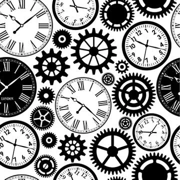 Clock`s seamless pattern. Black and white texture of time. Stock Illustration