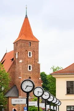 Clocks showing the current time in cities around the world. Krakow, Poland Stock Photos