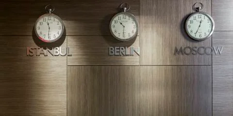 Clocks showing time in different cities Stock Photos