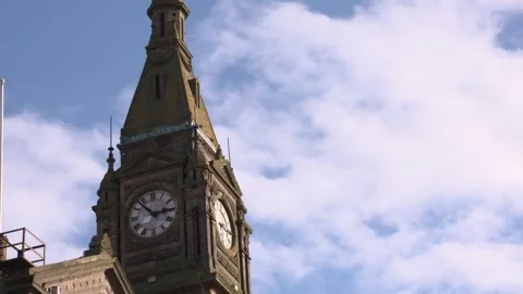 Clocktower old building blue sky puffy clouds sunny day 스톡 동영상 289068839