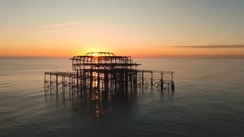 Clockwise around Brighton West Pier, aerial drone footage 4k Stock Footage 297642313