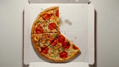 CLOCKWISE: Whole Circle Of Big Pizza Is Eaten Up From The White Box Vídeo Stock 114211035