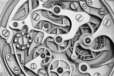 Clockwork 3D rendering machinery with gears grayscale scetch Stockillustratie