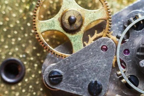 Clockwork Background. Old Clock Watch Mechanism With Gears Stock Photos