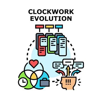 Clockwork evolution process developing business strategy and information flow Stock Illustration
