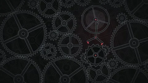 Clockwork Gear Mechanism Rotating Silver Cogs Dark Industrial Background Red Stock-Footage 348345917