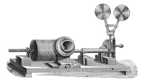 A clockwork gramophone - c, cylinder, m, mouth, vintage engraving Illustrazione stock